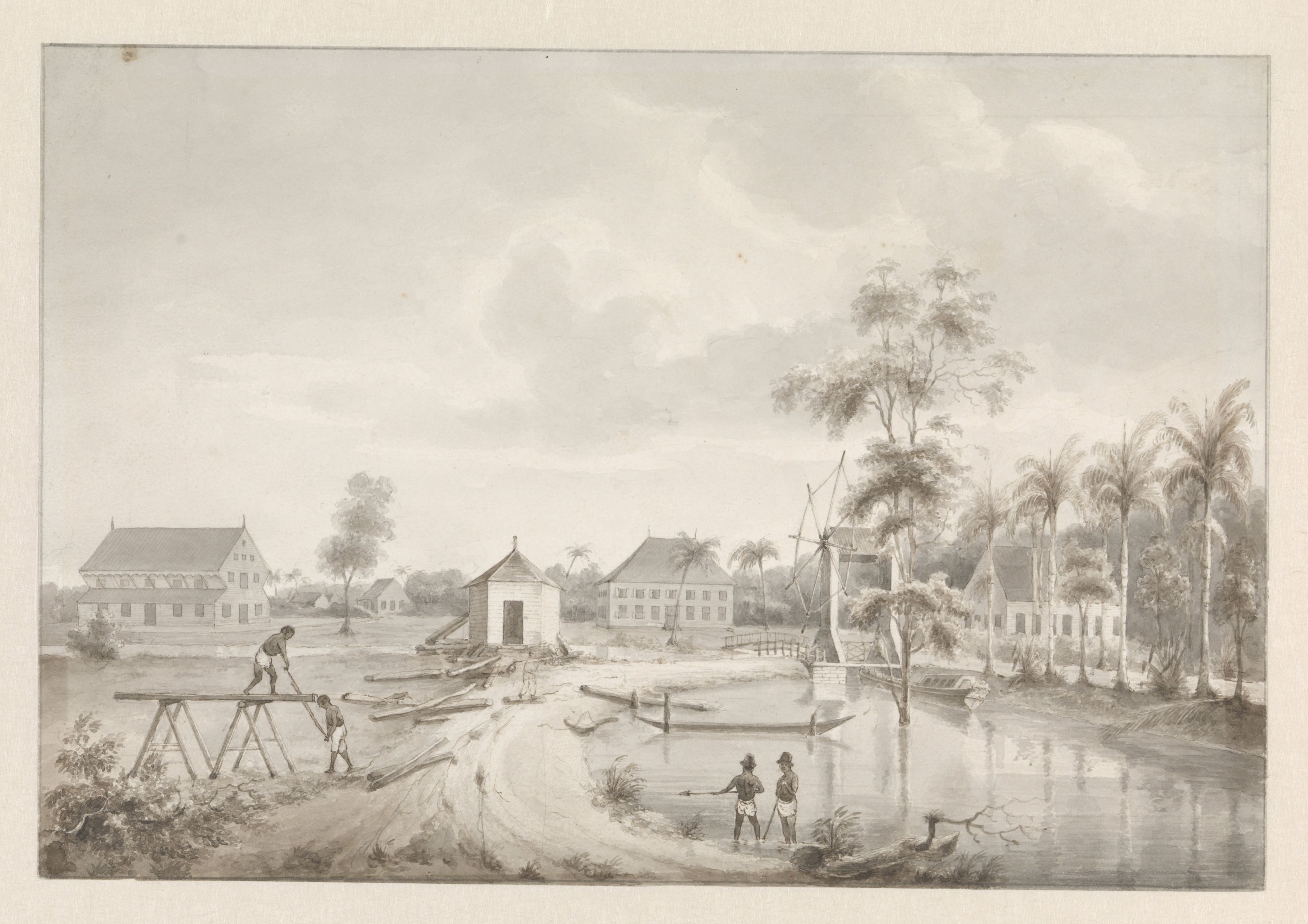 Hendrik Huygens, View of a plantation, c. 1850.Pen on paper, 22 x 32 cm. Amsterdam, Rijksmuseum : https://id.rijksmuseum.nl/200569996